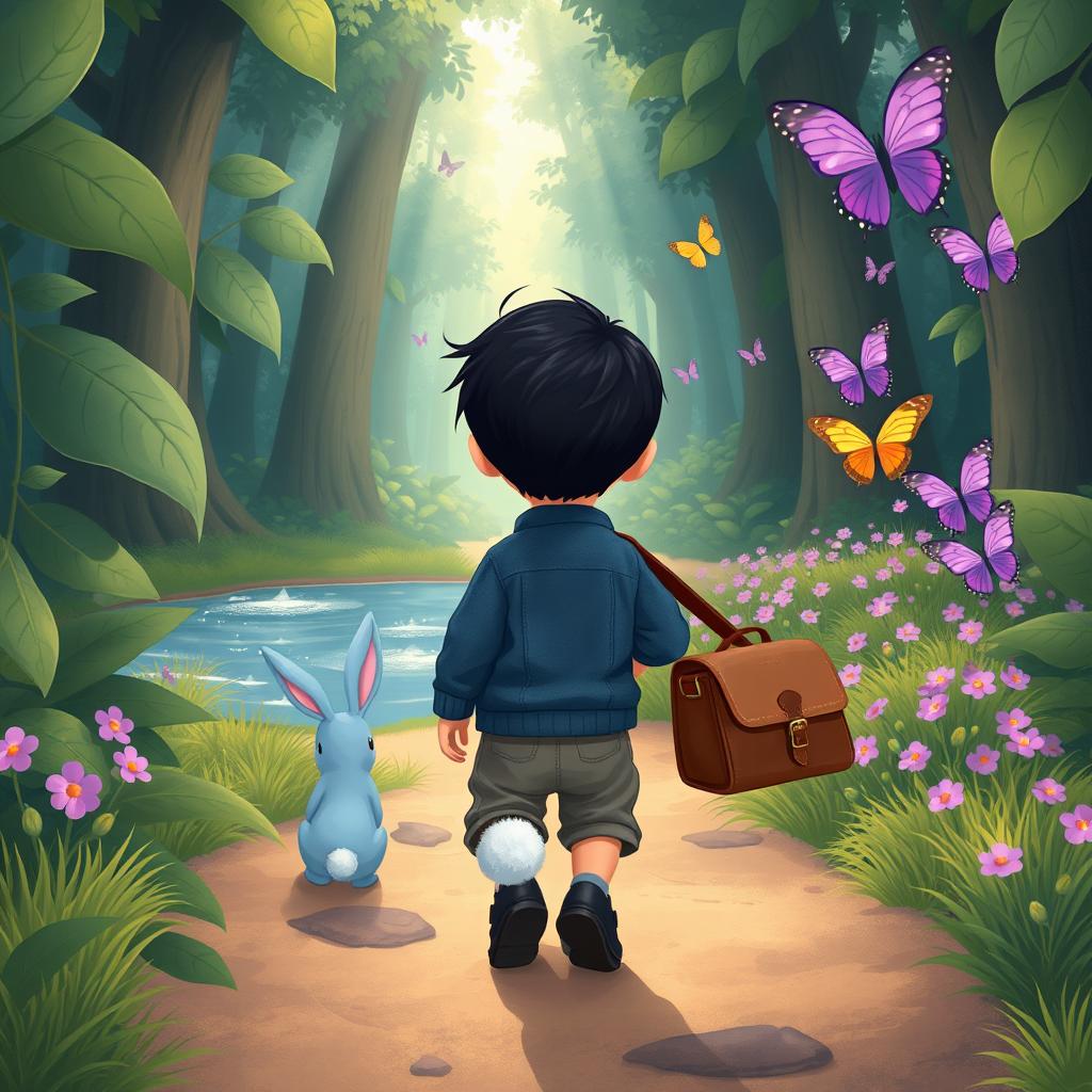 A cartoon illustration of a magical forest journey, featuring a cute blue rabbit following a 10-month-old baby boy with thick black hair