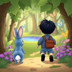 A cartoon illustration of a magical forest journey, featuring a cute blue rabbit following a 10-month-old baby boy with thick black hair