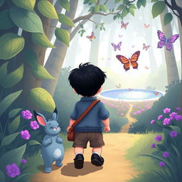 A cartoon illustration of a magical forest journey, featuring a cute blue rabbit following a 10-month-old baby boy with thick black hair