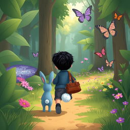 A cartoon illustration of a magical forest journey, featuring a cute blue rabbit following a 10-month-old baby boy with thick black hair