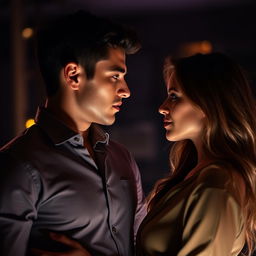 A young adult man and woman facing each other with seductive expressions