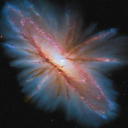 A massive rock detonating spectacularly in a far-flung galaxy, triggering a vibrant explosion that sends shockwaves of color and debris throughout the galactic landscape.