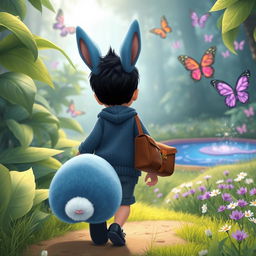 A charming cartoon scene featuring a whimsical blue rabbit following a 10-month-old baby boy with thick black hair