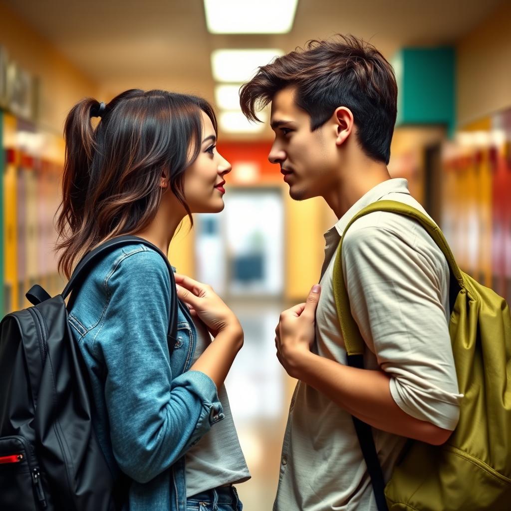 A young adult male and female facing each other in a seductive manner, both carrying school bags that are hanging loosely from their shoulders