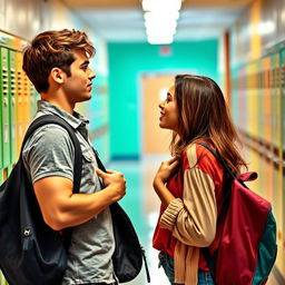 A young adult male and female facing each other in a seductive manner, both carrying school bags that are hanging loosely from their shoulders