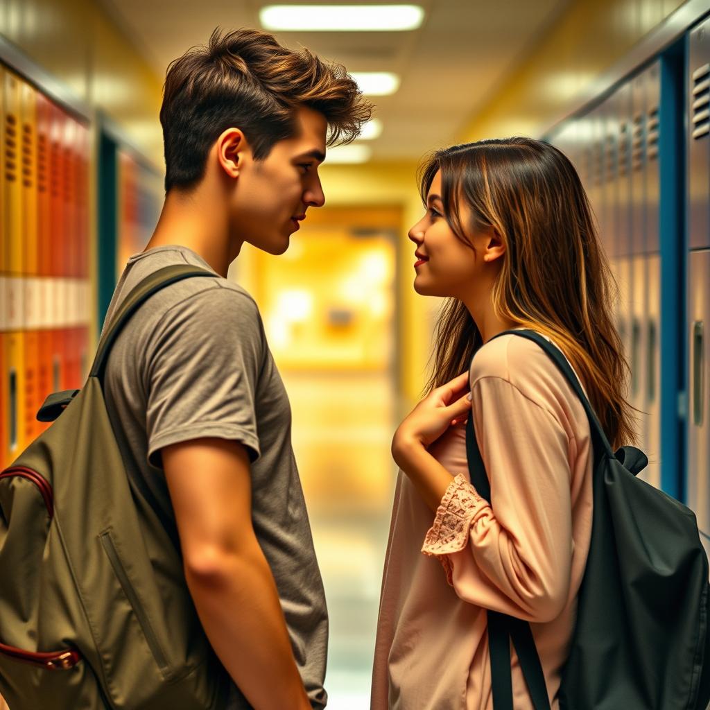 A young adult male and female facing each other in a seductive manner, both carrying school bags that are hanging loosely from their shoulders