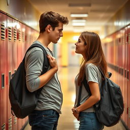 A young adult male and female facing each other in a seductive manner, both carrying school bags that are hanging loosely from their shoulders