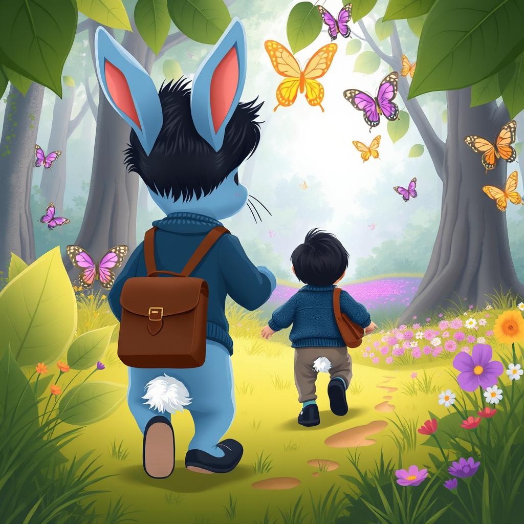 A delightful cartoon scene illustrating a blue rabbit trailing a 10-month-old baby boy with thick black hair