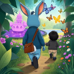 A delightful cartoon scene illustrating a blue rabbit trailing a 10-month-old baby boy with thick black hair