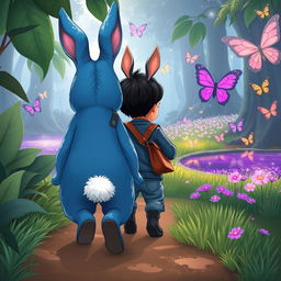 A delightful cartoon scene illustrating a blue rabbit trailing a 10-month-old baby boy with thick black hair