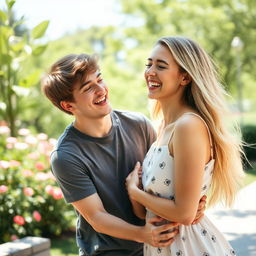 A joyful scene with a young adult male and female laughing together