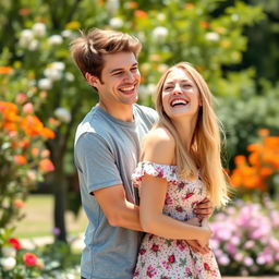 A joyful scene with a young adult male and female laughing together