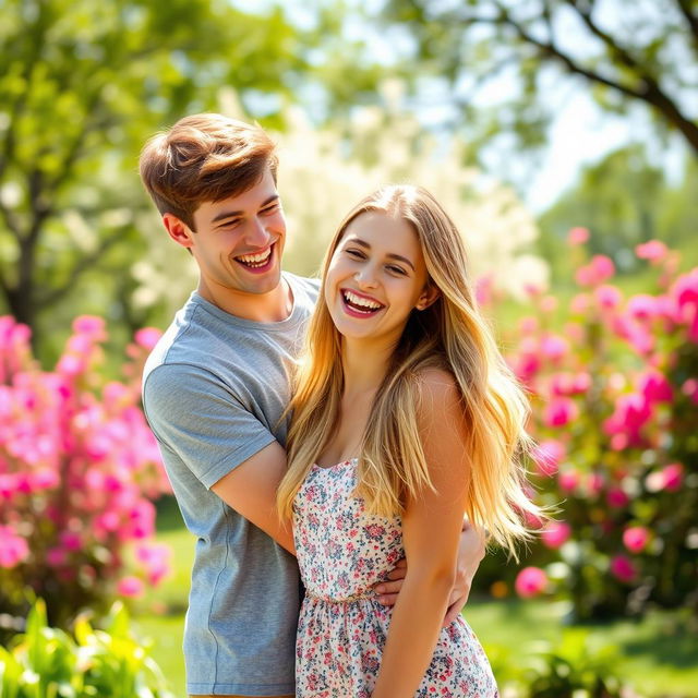 A joyful scene with a young adult male and female laughing together