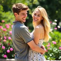 A joyful scene with a young adult male and female laughing together