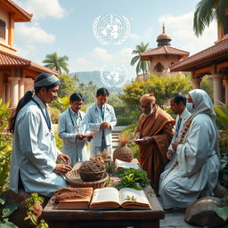 A collaborative and harmonious scene depicting the World Health Organization (WHO) engaging with traditional medicine