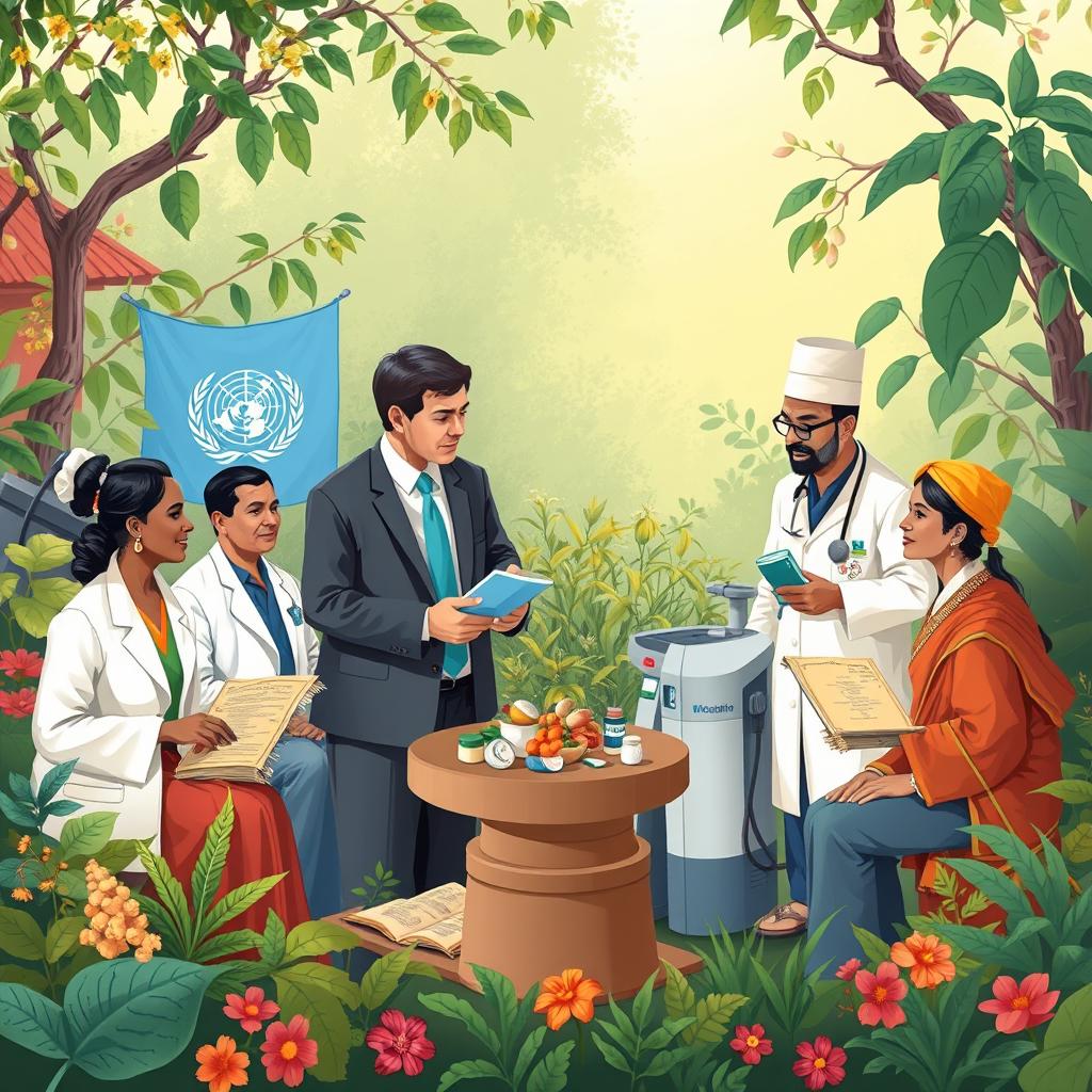 A harmonious and collaborative illustration showcasing the relationship between the World Health Organization (WHO) and traditional medicine