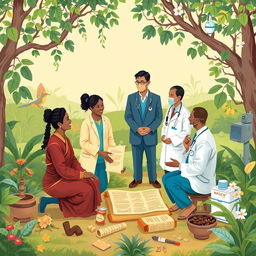 A harmonious and collaborative illustration showcasing the relationship between the World Health Organization (WHO) and traditional medicine