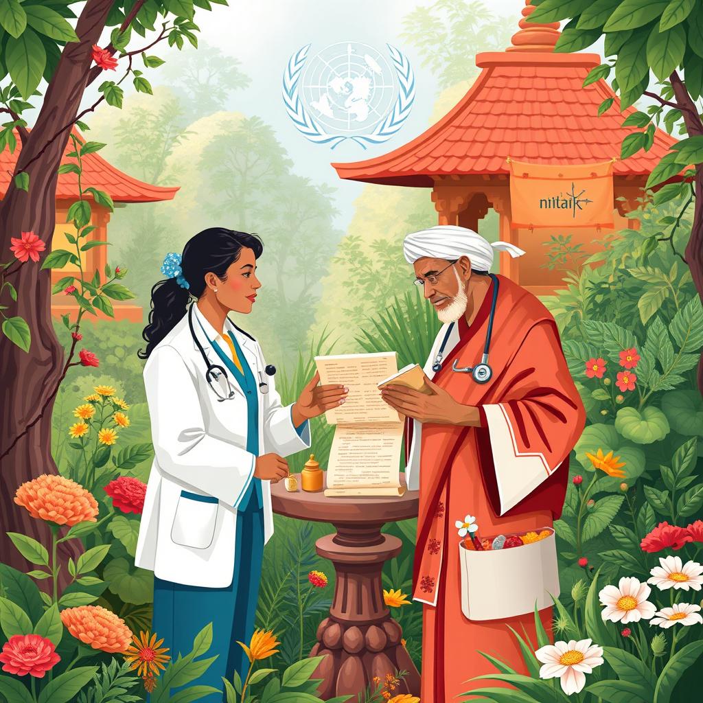 A harmonious and collaborative illustration showcasing the relationship between the World Health Organization (WHO) and traditional medicine