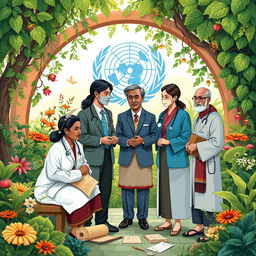 A harmonious and collaborative illustration showcasing the relationship between the World Health Organization (WHO) and traditional medicine