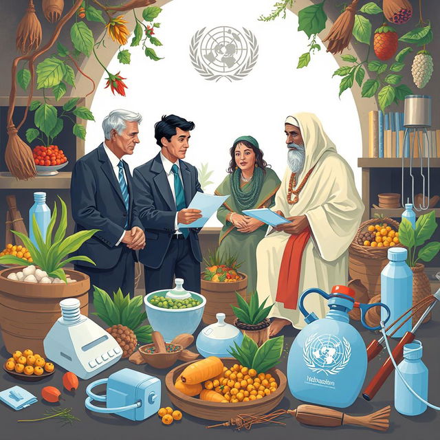 An illustration showcasing the synergy between the World Health Organization (WHO) and traditional medicine