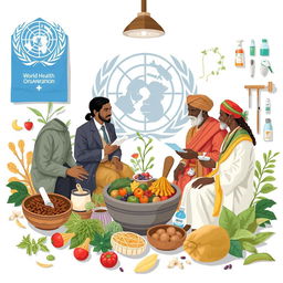 An illustration showcasing the synergy between the World Health Organization (WHO) and traditional medicine