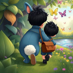 A whimsical cartoon scene depicting a blue rabbit trailing a 10-month-old baby boy with thick black hair, clad in a short denim jumper and black shoes, carrying a brown leather bag