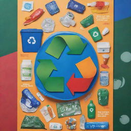 Colorful advertising poster promoting recycling, with images of reusable materials, recycle symbols, and a strong call to action.