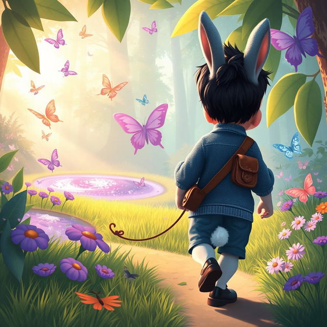 A whimsical cartoon scene depicting a blue rabbit trailing a 10-month-old baby boy with thick black hair, clad in a short denim jumper and black shoes, carrying a brown leather bag