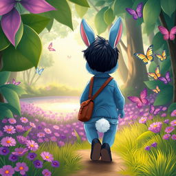 A whimsical cartoon scene depicting a blue rabbit trailing a 10-month-old baby boy with thick black hair, clad in a short denim jumper and black shoes, carrying a brown leather bag