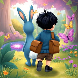 A whimsical cartoon scene depicting a blue rabbit trailing a 10-month-old baby boy with thick black hair, clad in a short denim jumper and black shoes, carrying a brown leather bag