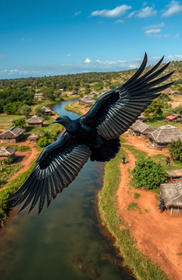 A majestic Black Phoenix soaring gracefully over a pristine river meandering through a charming rural African village