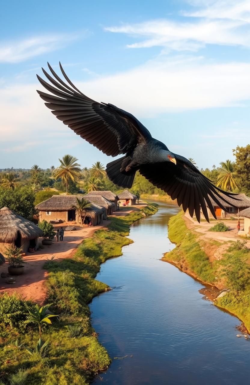 A majestic Black Phoenix soaring gracefully over a pristine river meandering through a charming rural African village