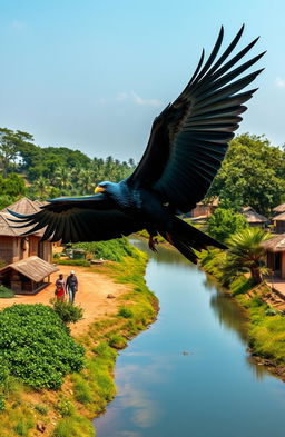 A majestic Black Phoenix soaring gracefully over a pristine river meandering through a charming rural African village