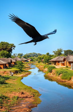 A majestic Black Phoenix soaring gracefully over a pristine river meandering through a charming rural African village