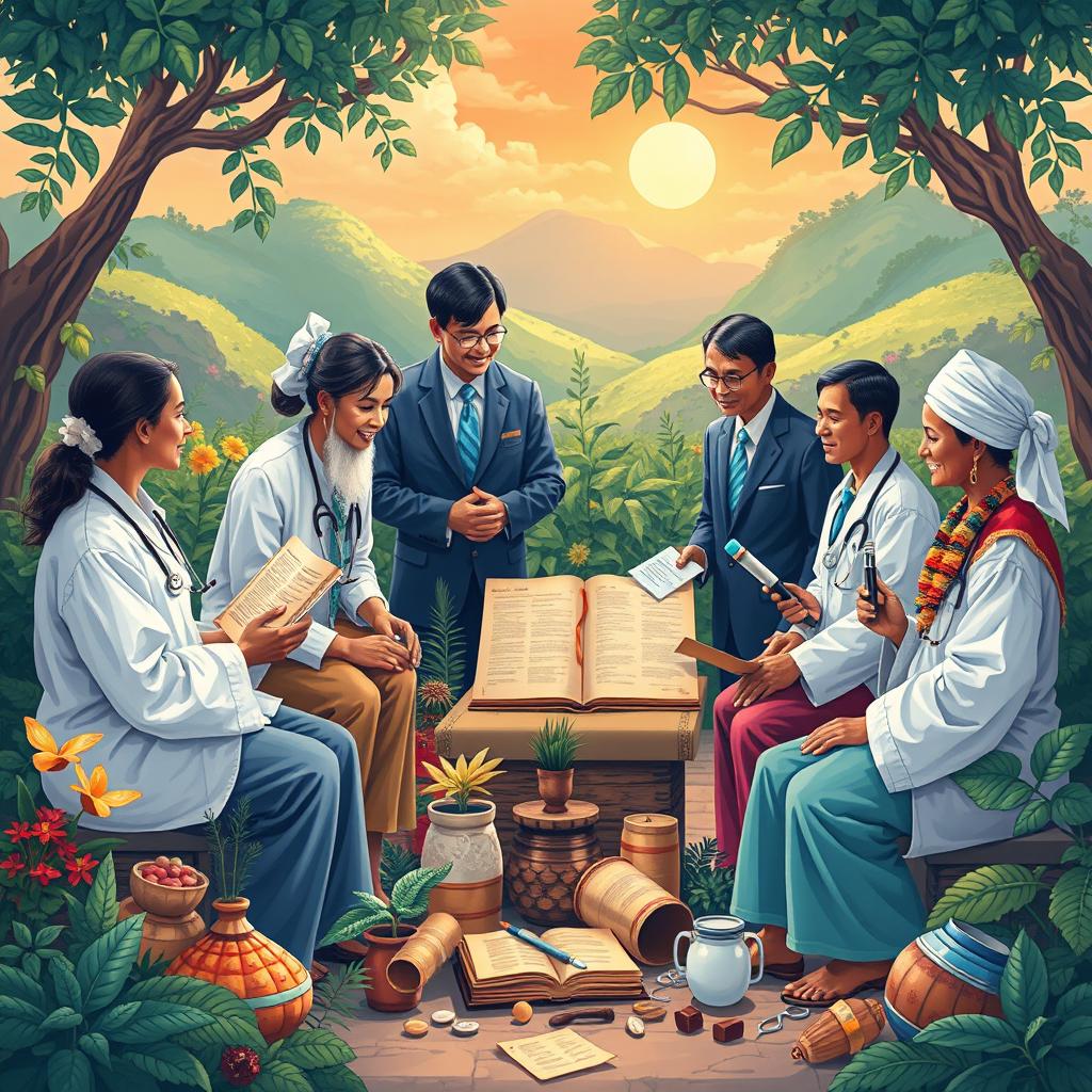 A vibrant and peaceful illustration depicting the collaboration between the World Health Organization (WHO) and practitioners of traditional medicine