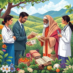 A vibrant and peaceful illustration depicting the collaboration between the World Health Organization (WHO) and practitioners of traditional medicine