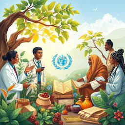 A vibrant and peaceful illustration depicting the collaboration between the World Health Organization (WHO) and practitioners of traditional medicine