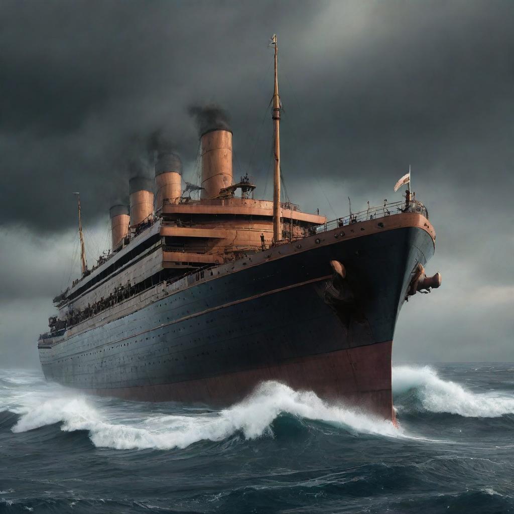 A version of the Titanic reimagined in dieselpunk style, featuring a heavy-duty utilitarian design, with dark-matte steel plates, giant exhaust pipes expelling fumes, and industrial riveting, sailing fiercely across a rough ocean under a dark, smoky sky.