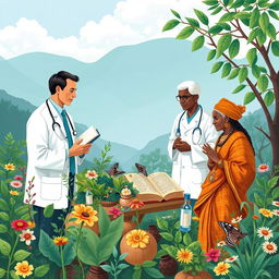 A vibrant and peaceful illustration depicting the collaboration between the World Health Organization (WHO) and practitioners of traditional medicine