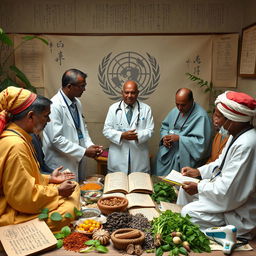 An image depicting the collaboration between the World Health Organization (WHO) and traditional medicine