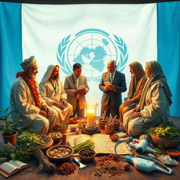 An image depicting the collaboration between the World Health Organization (WHO) and traditional medicine