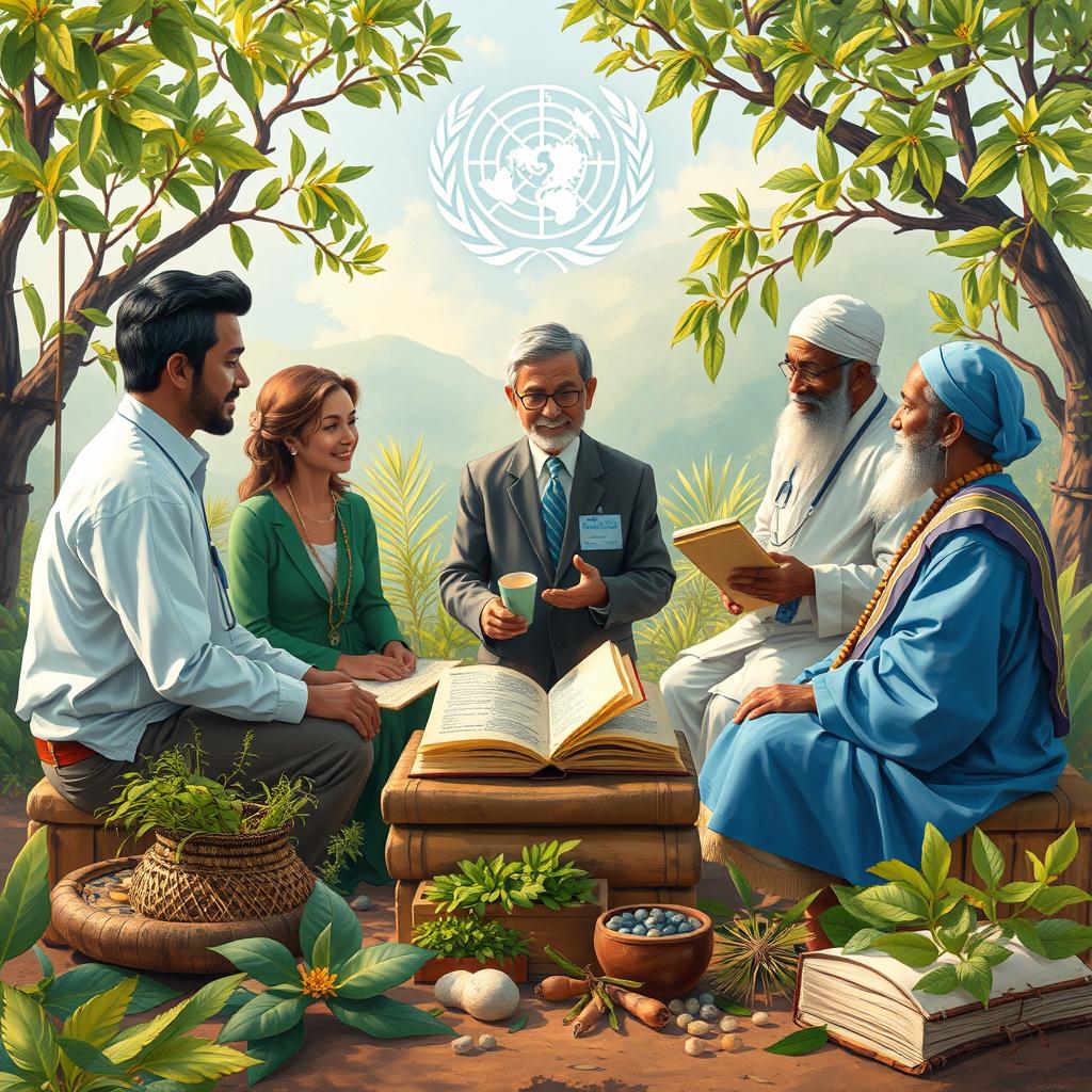 An artistic image illustrating the relationship between the World Health Organization (WHO) and traditional medicine