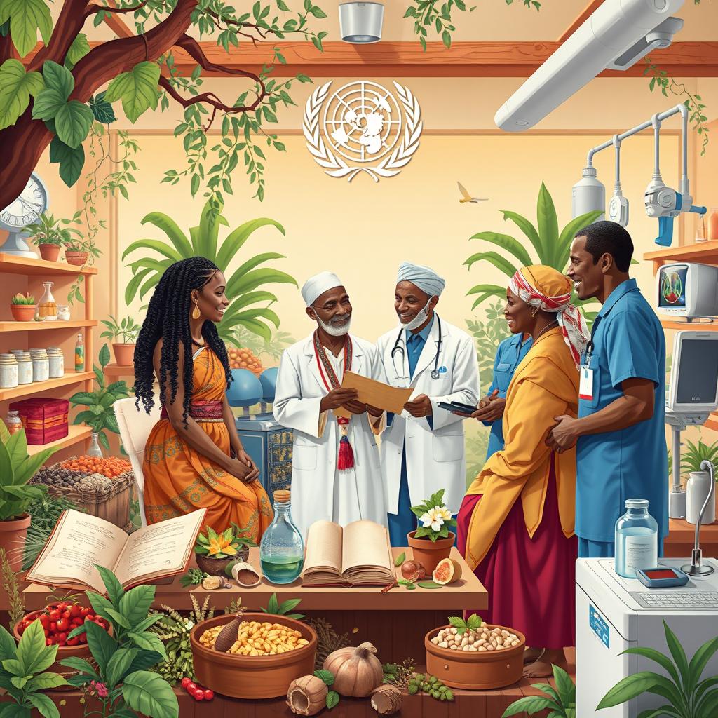 A harmonious and vibrant scene illustrating the partnership between the World Health Organization (WHO) and traditional medicine