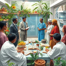 A harmonious and vibrant scene illustrating the partnership between the World Health Organization (WHO) and traditional medicine