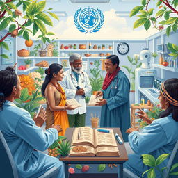 A harmonious and vibrant scene illustrating the partnership between the World Health Organization (WHO) and traditional medicine