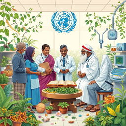 A harmonious and vibrant scene illustrating the partnership between the World Health Organization (WHO) and traditional medicine