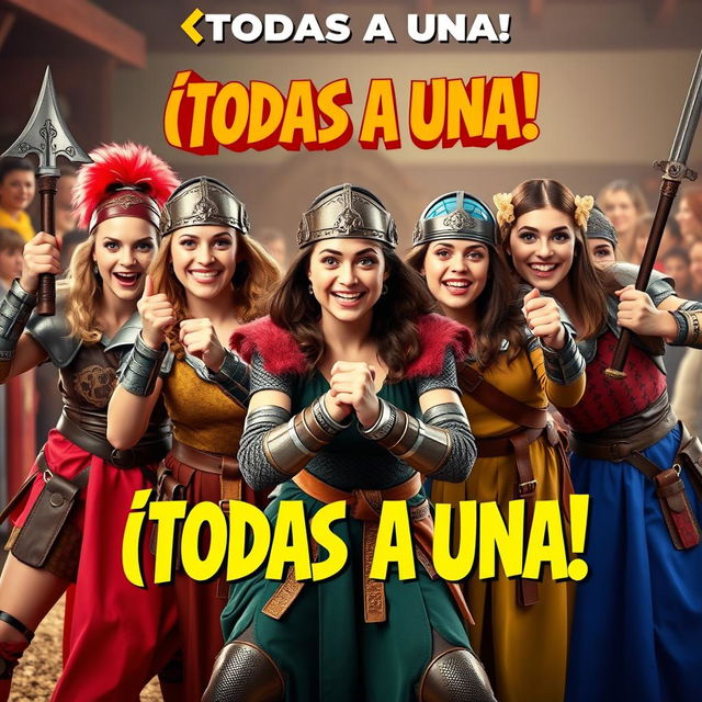 A comedic movie poster featuring a women's medieval wrestling team composed of five fierce female warriors