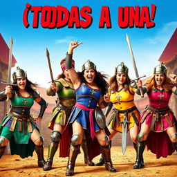 A comedic movie poster featuring a women's medieval wrestling team composed of five fierce female warriors