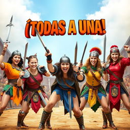 A comedic movie poster featuring a women's medieval wrestling team composed of five fierce female warriors