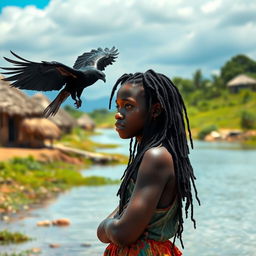 A black African teenage girl with black dreadlocks, standing contemplatively by the pristine river in a rural African village